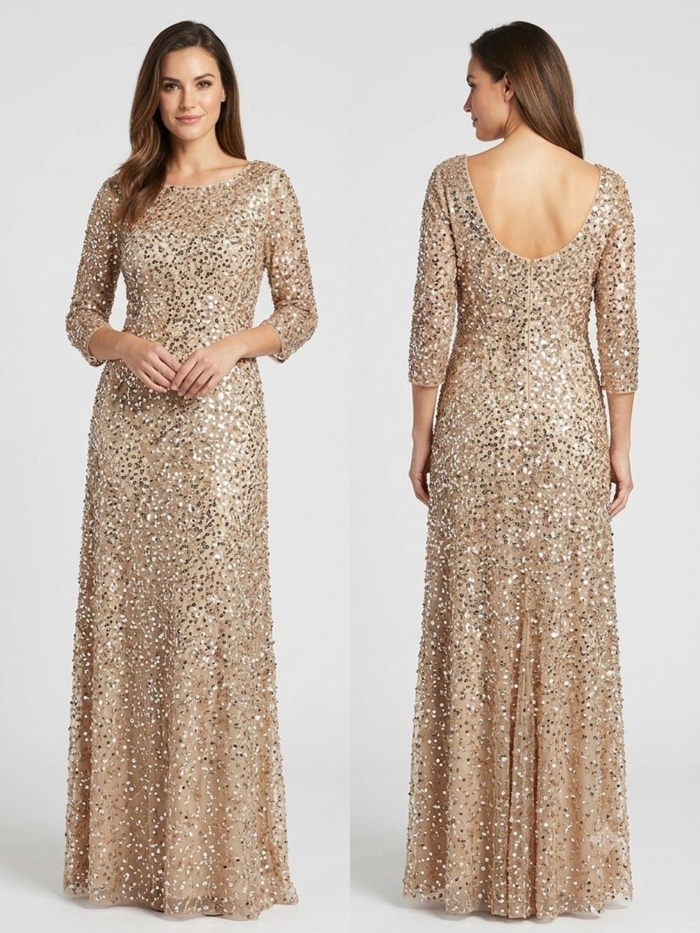 NWT Adrianna Papell Beaded Sequin Mermaid Gown Champagne Silver 14